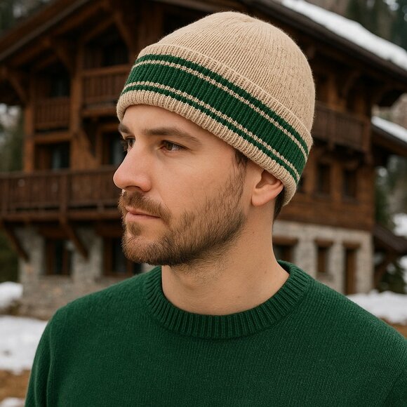 Vintage Knit Wool Beanie – Oatmeal & Green Stripe • WPL 7503 • Made in USA main image 10